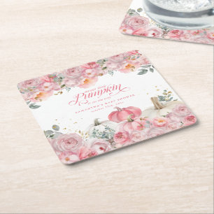 Süßer kleiner Kürbis rosa Blumen Herbst-Baby-Party Rechteckiger Pappuntersetzer