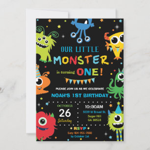 Süßer Kleiner Monsterjunge 1. Geburtstag Lebendig Einladung