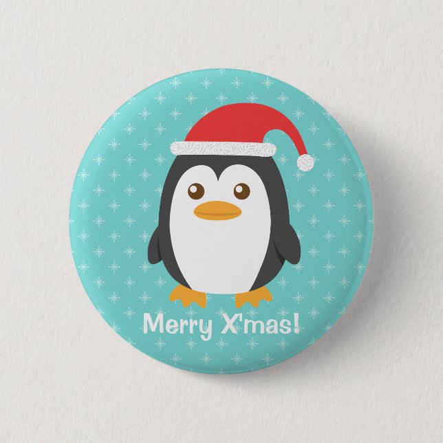 Süßer kleiner Pinguin mit Weihnachtsmannmütze Weih Button (Vorderseite)