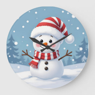 Süßer kleiner Schneemann mit Schal und Hut Große Wanduhr