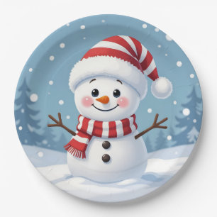 Süßer kleiner Schneemann mit Schal und Hut Pappteller