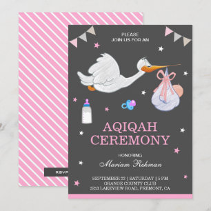 Süßer kleiner Storch Rosa Baby Mädchen Aqiqah Einladung