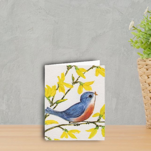 Süßer kleiner Vogel Notecard Karte (Little red and blue singing bird on branch yellow flowers on faux textured white notecards.)