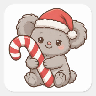 Süßer Koala-Santa-Hut-Zuckerstangen-Weihnachtsaufk Quadratischer Aufkleber
