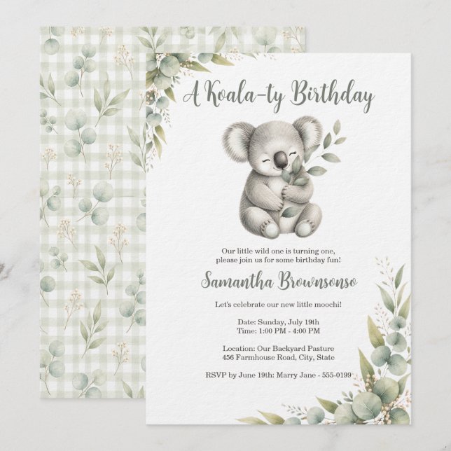Süßer Koala zum ersten Geburtstag Einladung (Vorne/Hinten)