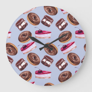 Süßer Kuchen: Aquarellfarbene Nahtlose Lebensmitte Große Wanduhr