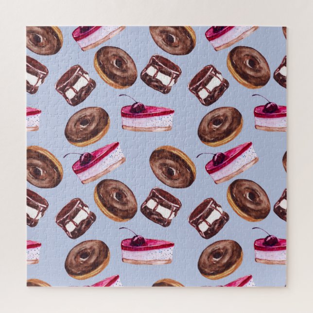 Süßer Kuchen: Aquarellfarbene Nahtlose Lebensmitte Puzzle (Vertikal)