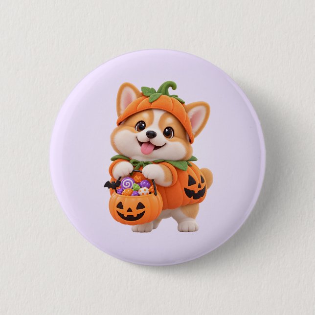 Süßer Kürbis-Corgi-Halloween-Button-Anstecker Button (Vorderseite)