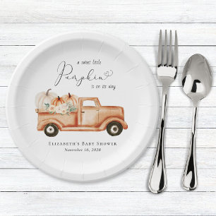 Süßer Kürbis Vintage-LKW Aquarell-Baby-Party Pappteller
