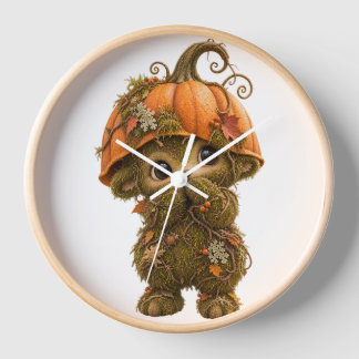 Süßer Kürbis-Waldkreatur-Wanduhr – Herbst Uhr