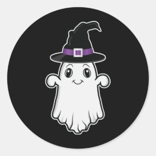 Süßer lächelnder Geist mit Hexenhut Halloween Runder Aufkleber