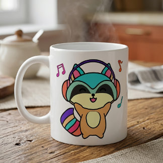 Süßer lächelnder Kawaii-Baby-Waschbär mit Kopfhöre Kaffeetasse