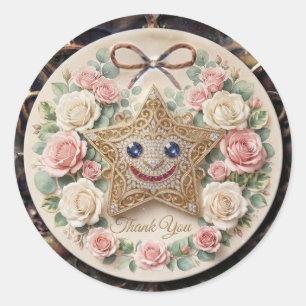 Süßer lächelnder Stern mit Rosen-Rundum-Aufkleber  Runder Aufkleber