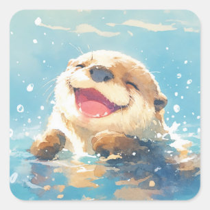 Süßer lachender Otterbaby planscht im Wasser Quadratischer Aufkleber