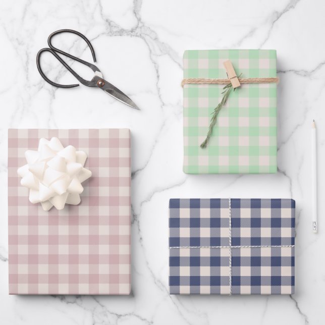 Süßer ländlicher rosa grüner blauer Gingham-Karo-M Geschenkpapier Set (Vorderseite)