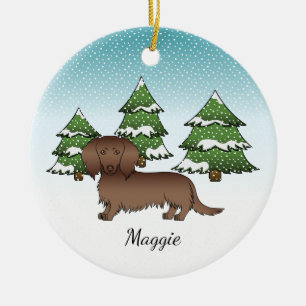 Süßer Langhaar-Chocolate-Dackel - Winterwald Keramik Ornament