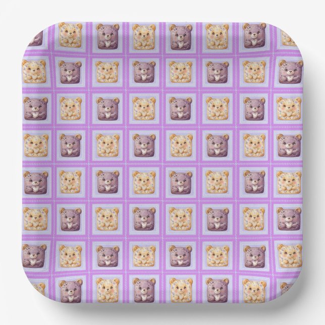 Süßer Lavendel Blaubeer Patchwork-Keksbär Pappteller (Vorderseite)