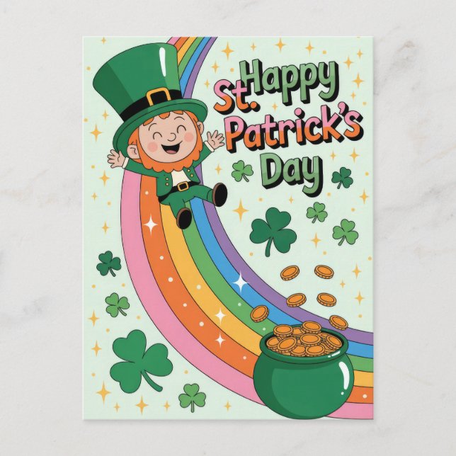 Süßer Leprechaun mit Regenbogen zum St. Patrick's  Postkarte (Vorderseite)