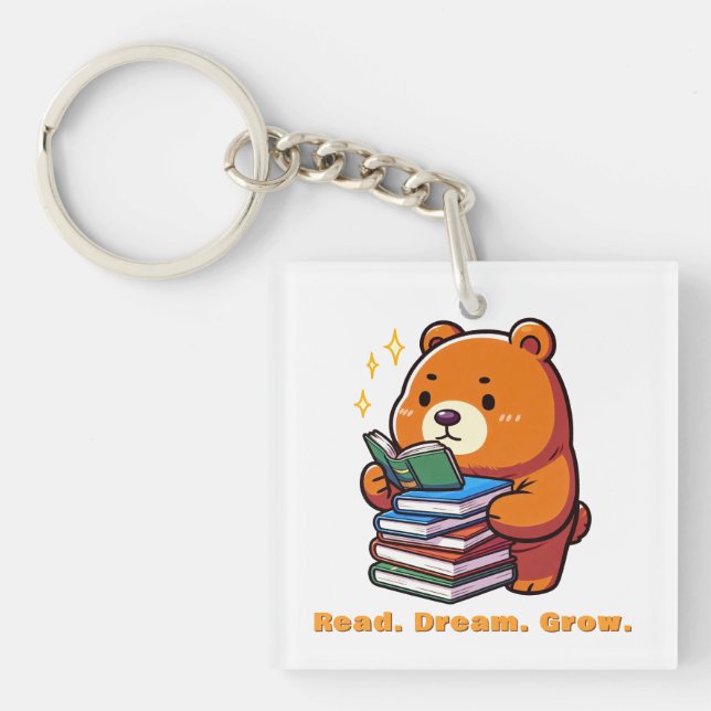 Süßer lesender Bär mit Büchern Kawaii Schlüsselanhänger (Vorderseite)