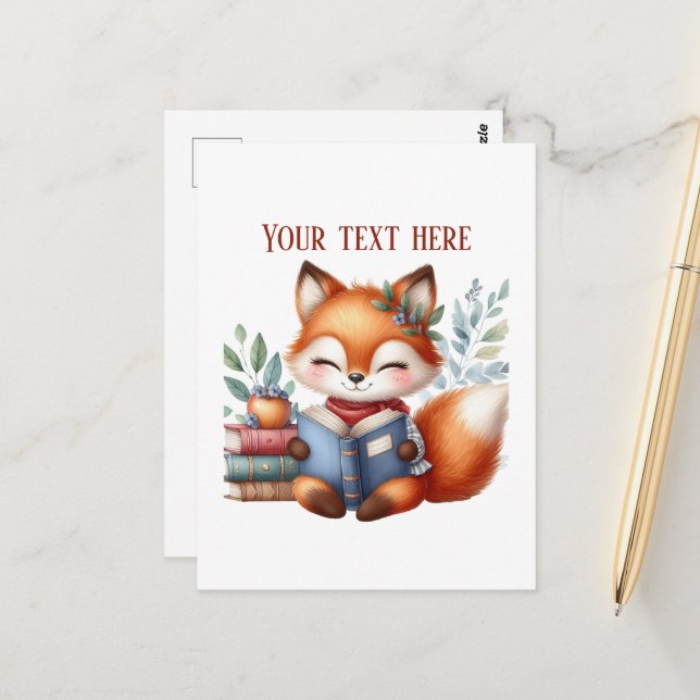 Süßer lesender Fuchs anpassbar  Postkarte (Vorderseite/Rückseite Beispiel)