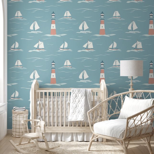 Süßer Leuchtturm/Segelboote/Blau Tapete (Kinder)