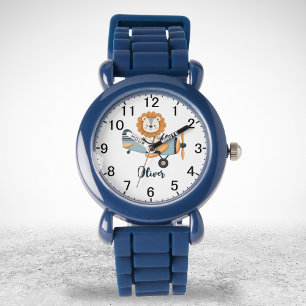 Süßer Löwe auf charmanten personalisierten Flugzeu Armbanduhr