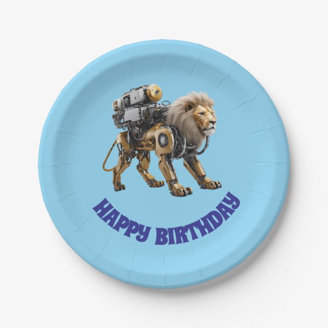Süßer Löwe Roboter Geburtstag Pappteller (Vorderseite)