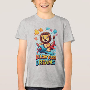 Süßer Löwen-Cartoon fliegt auf einem farbenfrohen Tri-Blend Shirt