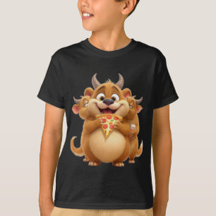 Süßer lustiger dreiköpfiger Monster, der Pizza iss T-Shirt