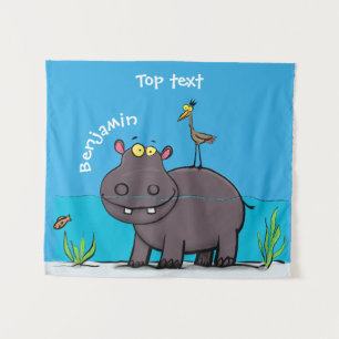 Süßer lustiger Hippopotamus mit Vogel Cartoon Wandteppich