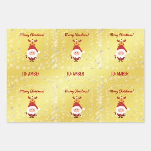 Süßer lustiger moderner Rudolph Santa personalisie Geschenkpapier Set