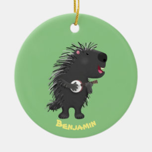 Süßer lustiger Stachelschwein-Banjo-Cartoon Keramik Ornament