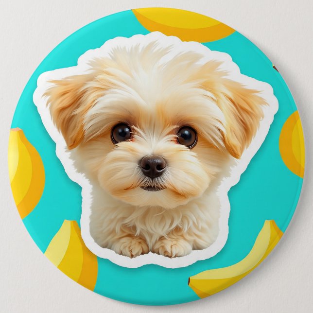 Süßer lustiger Welpe mit Banane Pup auf Button (Vorderseite)