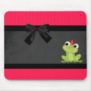 Süßer Mädchenfrosch auf roten Punkten - schwarze S Mousepad