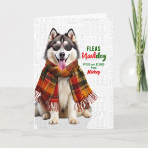 Süßer Malamute-Hund Lustige Flöhe Navidog mit Name Feiertagskarte