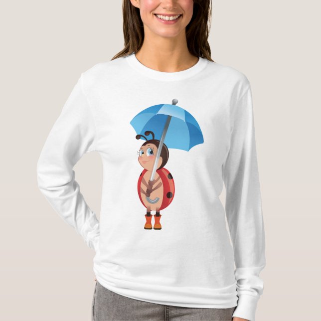 Süßer Marienkäfer Blaue Regenschirm Regenstiefel T-Shirt (Vorderseite)