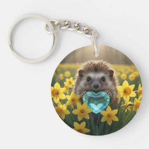 Süßer März-Igel mit Aquamarin-Herz Schlüsselanhänger
