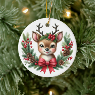 Süßer maßgeschneiderter Hirsch-Weihnachtskranz Keramik Ornament