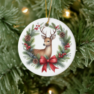 Süßer maßgeschneiderter Hirsch-Weihnachtskranz Keramik Ornament