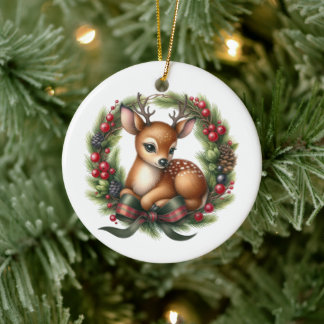 Süßer maßgeschneiderter Hirsch-Weihnachtskranz Keramik Ornament