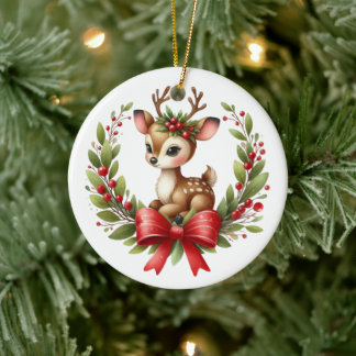 Süßer maßgeschneiderter Hirsch-Weihnachtskranz Keramik Ornament