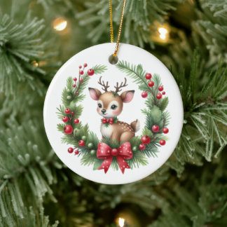 Süßer maßgeschneiderter Hirsch-Weihnachtskranz Keramik Ornament
