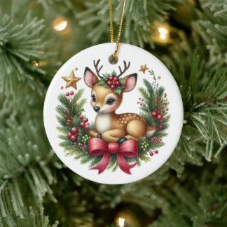 Süßer maßgeschneiderter Hirsch-Weihnachtskranz Keramik Ornament