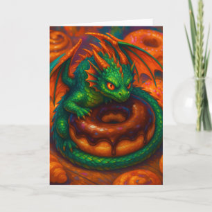 Süßer Mini-Grüner-Drache & Donut-Fantasie-Kunst Karte