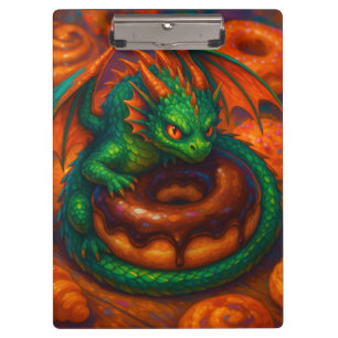 Süßer Mini-grüner Drache & Donut Fantasy-Kunst Klemmbrett