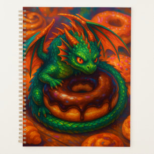 Süßer Mini-grüner Drache & Donut Fantasy-Kunst Planer