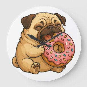 Süßer Mops-Donut-Cartoon lustig munching Große Wanduhr