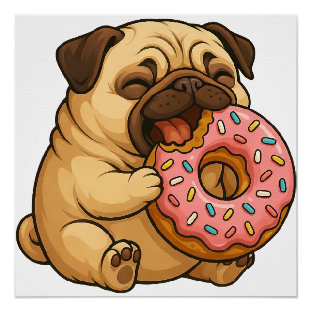 Süßer Mops-Donut-Cartoon lustig munching  Poster (Vorderseite)