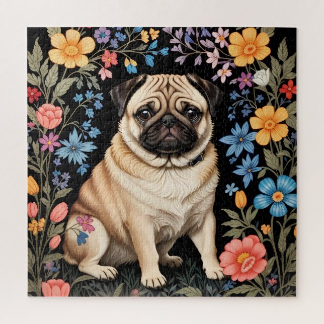 Süßer Mops Elegante Farbige Blumen Puzzle (Vertikal)