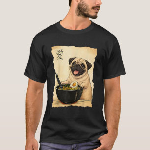 Süßer Mops-Hund isst Ramen-Nudeln japanische Anime T-Shirt